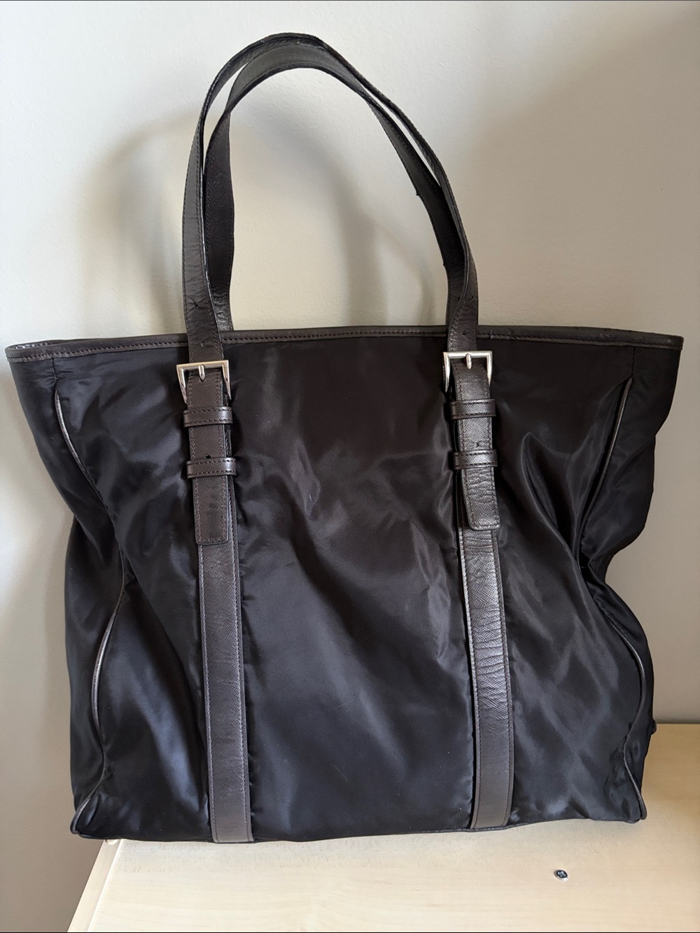 Black Men’s Nylon Tote Bag with Leather Straps
